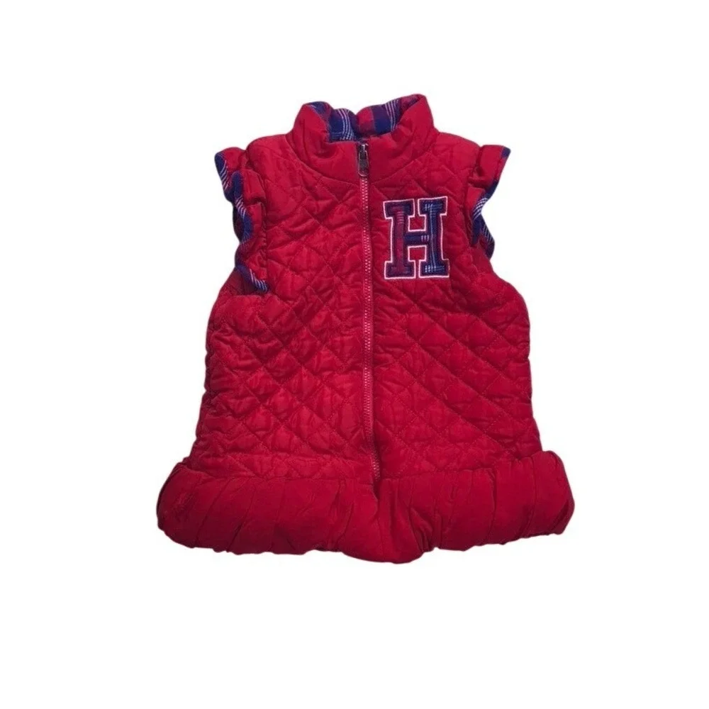 Tommy Hilfiger Quilted Vest Kids 3T Red Ruffle Hem Plaid Trim Puffer